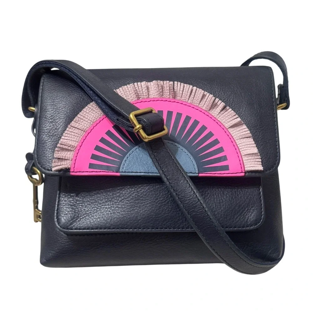 Fossil Kinley Crossbody Bag Womens Small Navy Sunset Leather Fringe Excellent